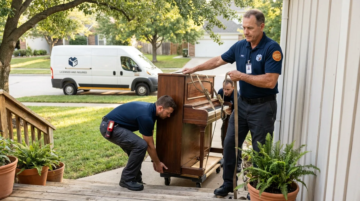 Licensed piano movers securing grand piano in Sioux Center, IA