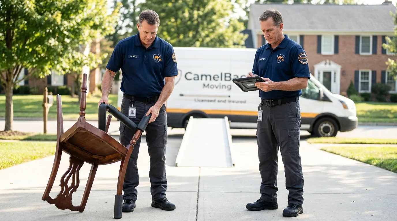 Movers inspecting furniture for damage prevention before loading in Sioux Center, IA