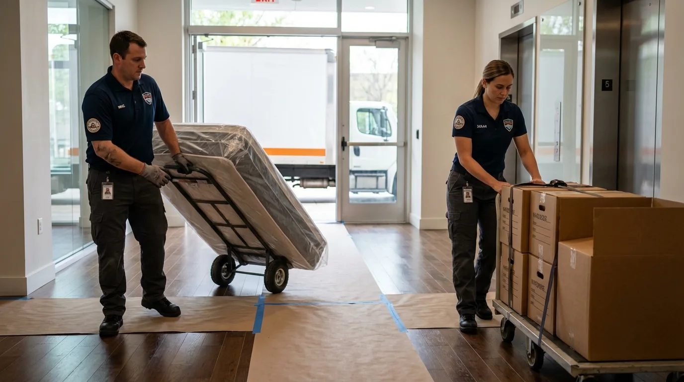 Professional apartment movers loading elevator in Sioux Center, IA