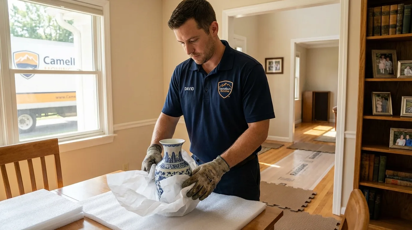 Professional crew carefully wrapping antique vase for senior downsizing move in Sioux Center, IA